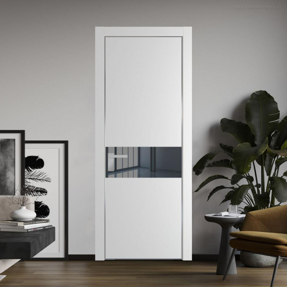 Межкомнатная дверь ProfilDoors 17 PA Крем вайт с профилем Серебро с стеклом  зеркало grey