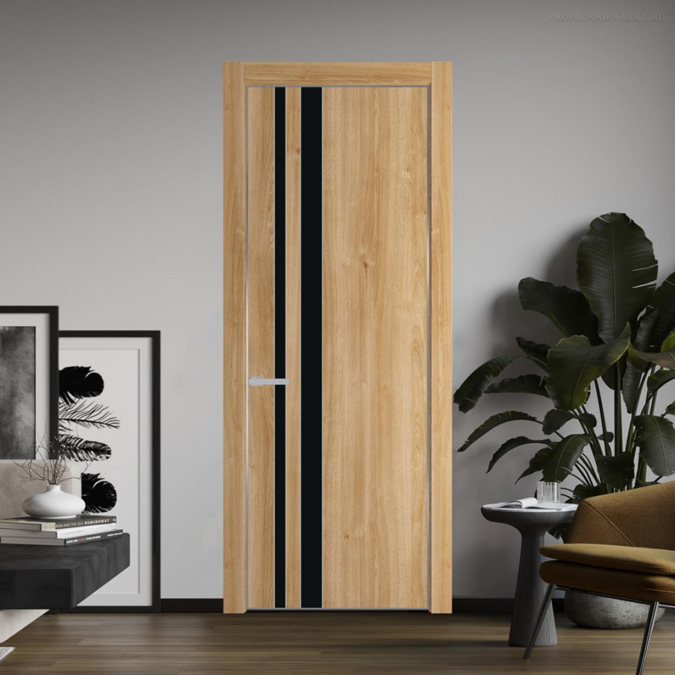 Межкомнатная дверь ProfilDoors 20NA Дуб Карамель профиль Серебро вставка Монохром черный