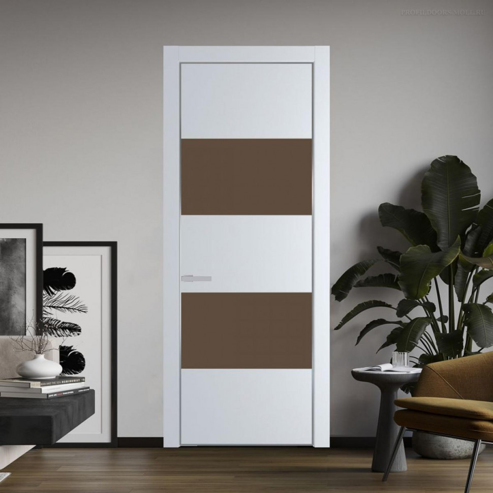 Межкомнатная дверь ProfilDoors 22 PE с вставкой из стекла монохром гляссе Вайт с алюминиевой кромкой Серебро