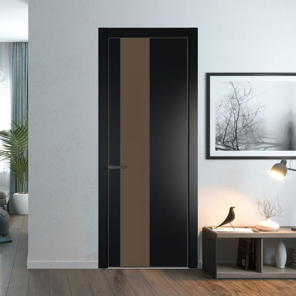 Межкомнатная дверь ProfilDoors 19 PE с вставкой из стекла монохром гляссе Блэк с алюминиевой кромкой Серая Ночь