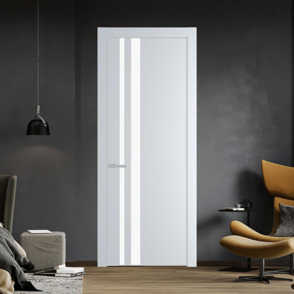 Межкомнатная дверь ProfilDoors 20 PE с вставкой из стекла монохром белый просветленный Вайт с алюминиевой кромкой Матовая