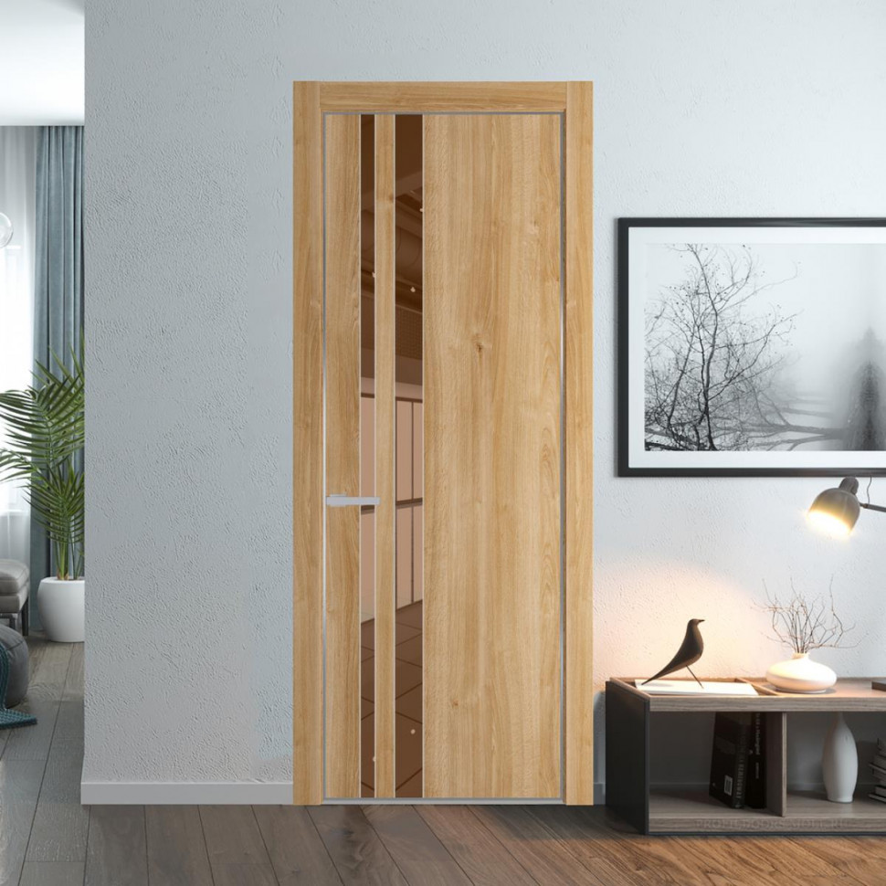Межкомнатная дверь ProfilDoors 20NA Дуб Карамель профиль Серебро вставка Зеркало Bronza