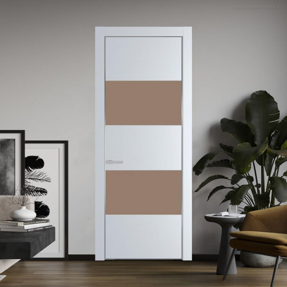 Межкомнатная дверь ProfilDoors 22 PE с вставкой из стекла монохром капучино Вайт с алюминиевой кромкой Серебро