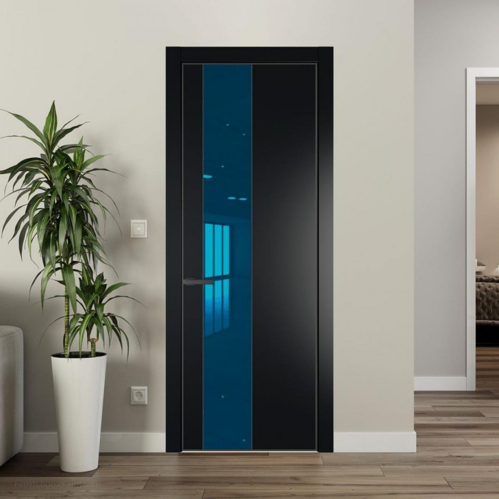 Межкомнатная дверь ProfilDoors 19 PE с вставкой из стекла зеркало blue Блэк с алюминиевой кромкой Серая Ночь