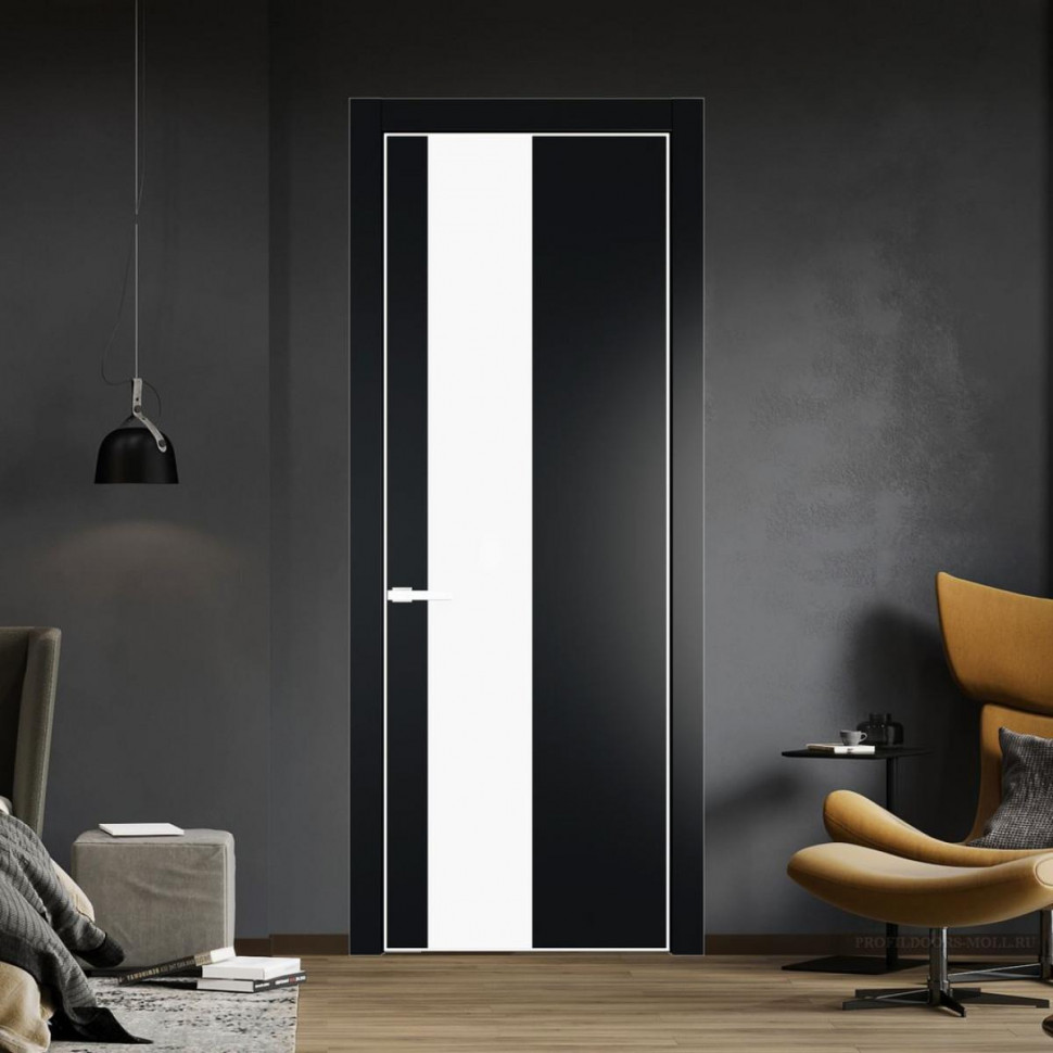 Межкомнатная дверь ProfilDoors 19 PE с вставкой из стекла монохром белый просветленный Блэк с алюминиевой кромкой Вайт