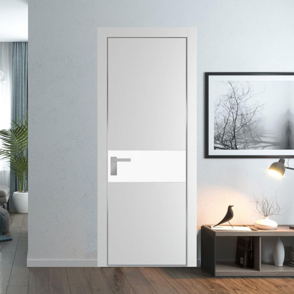 Межкомнатная дверь ProfilDoors 17 PA Крем вайт с профилем Серебро с стеклом  монохром белый просветленный