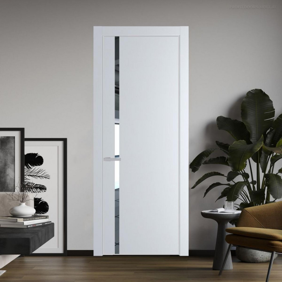 Межкомнатная дверь ProfilDoors 21 PE с вставкой из стекла зеркало Вайт с алюминиевой кромкой Матовая
