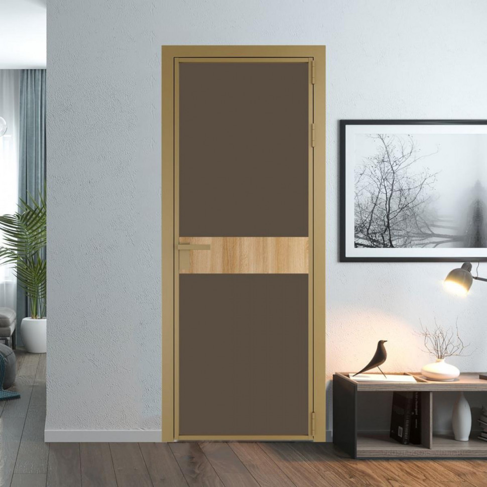 Межкомнатная дверь ProfilDoors 6 AG стекло Монохром гляссе триплекс цвет профиля Золото вставка Дуб Карамель