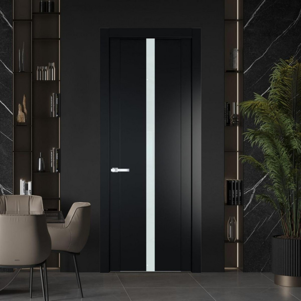 Межкомнатная дверь ProfilDoors 1.8P Блэк Lacobel Белый лак молдинг Серебро