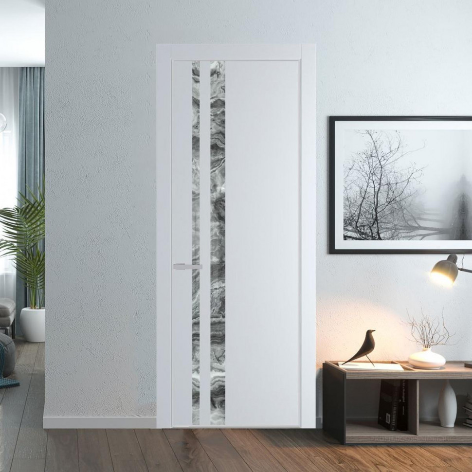 Межкомнатная дверь ProfilDoors 20 PE с вставкой из стекла атриум серебро Вайт с алюминиевой кромкой Матовая