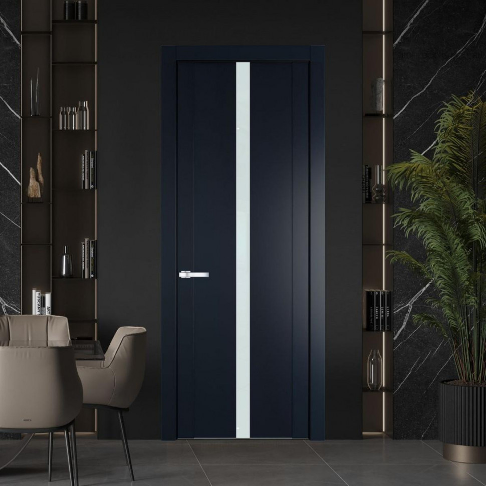Межкомнатная дверь ProfilDoors 1.8P Нэви Блу Lacobel Белый лак молдинг Серебро