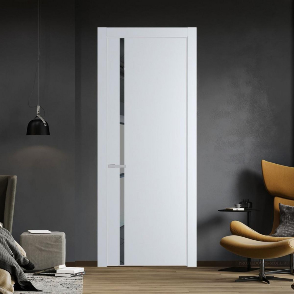 Межкомнатная дверь ProfilDoors 21 PE с вставкой из стекла зеркало grey Вайт с алюминиевой кромкой Матовая