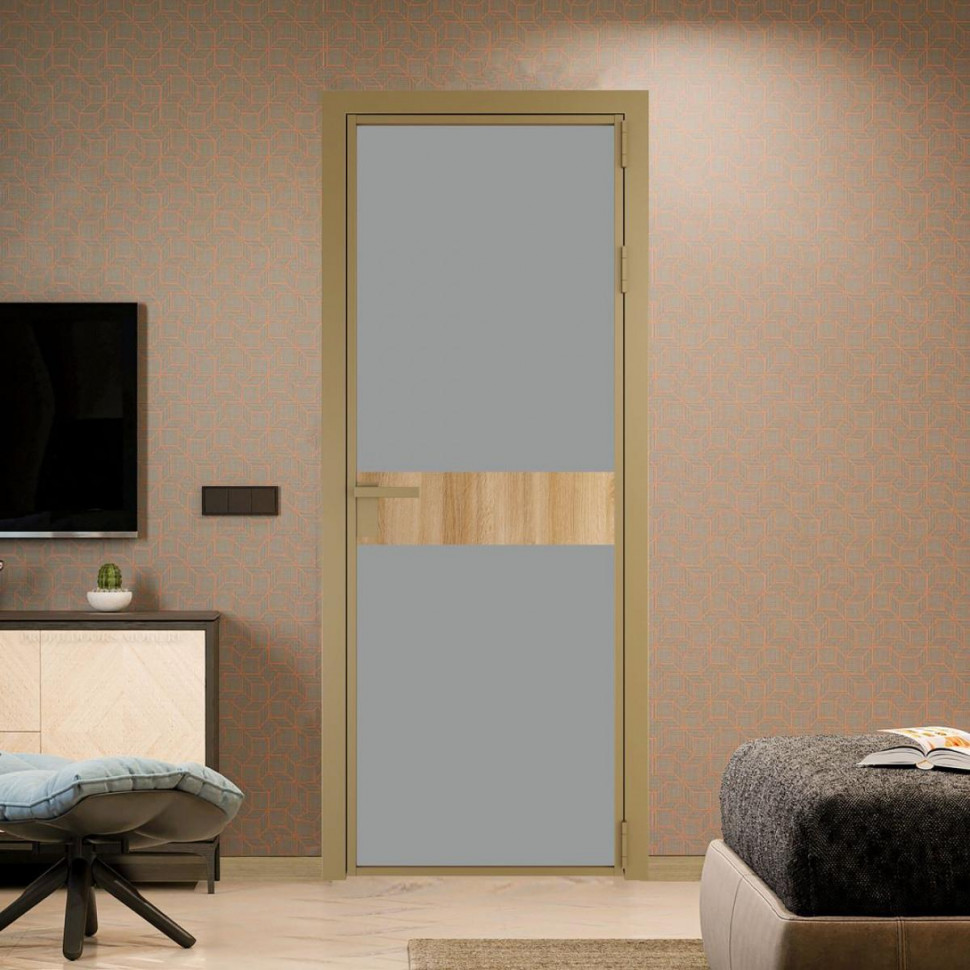 Межкомнатная дверь ProfilDoors 6 AG стекло Монохром серый триплекс цвет профиля Золото вставка Дуб Карамель