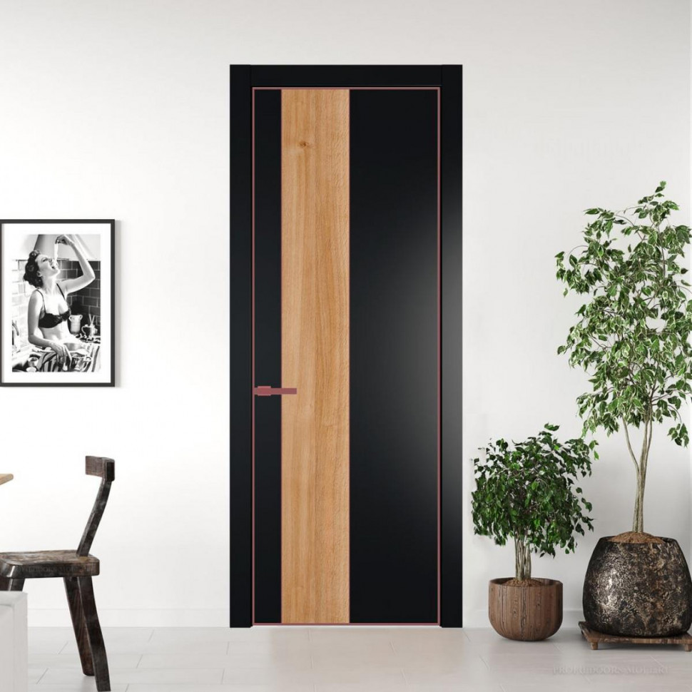 Межкомнатная дверь ProfilDoors 19 PE с вставкой Дуб Карамель Блэк с алюминиевой кромкой Красный антрацит
