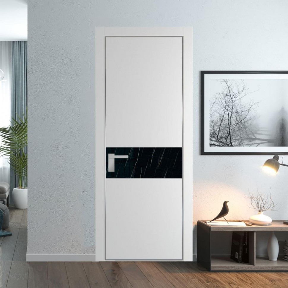 Межкомнатная дверь ProfilDoors 17 PA Крем вайт с профилем Серебро с стеклом  неро мрамор