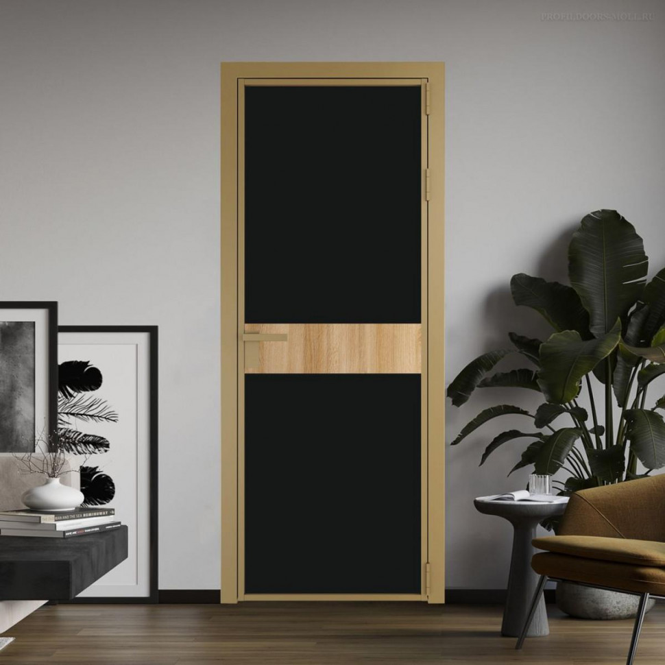 Межкомнатная дверь ProfilDoors 6 AG стекло Монохром черный триплекс цвет профиля Золото вставка Дуб Карамель