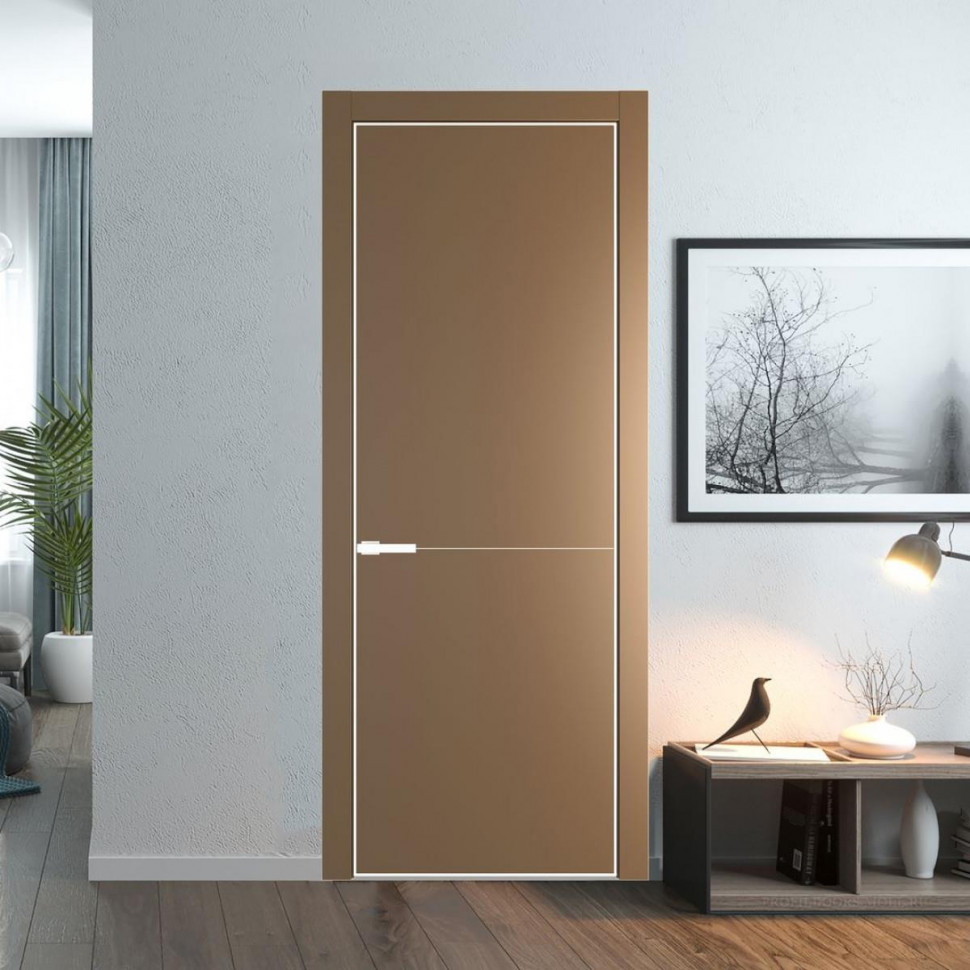 Межкомнатная дверь ProfilDoors 16 PE Перламутр золото с алюминиевым молдингом Вайт