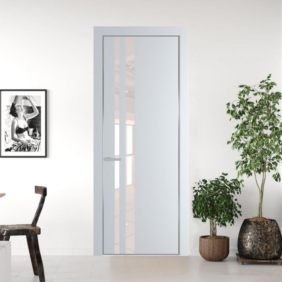 Межкомнатная дверь ProfilDoors 20 PE с вставкой из стекла перламутровый лак Вайт с алюминиевой кромкой Серебро