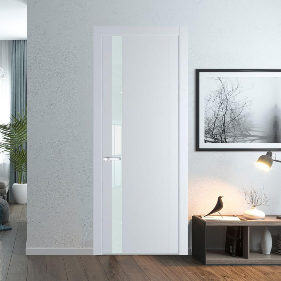 Межкомнатная дверь ProfilDoors 1.2P Вайт Lacobel Белый лак молдинг Серебро