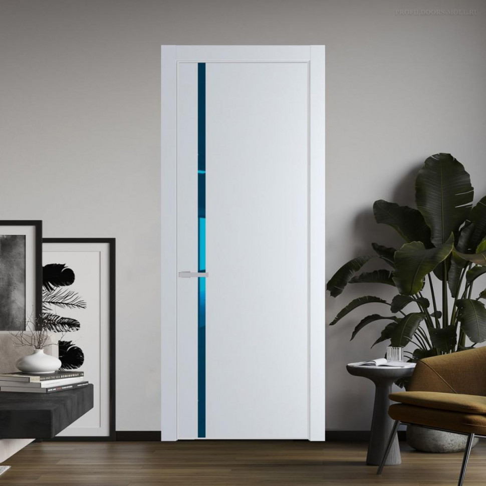 Межкомнатная дверь ProfilDoors 21 PE с вставкой из стекла зеркало blue Вайт с алюминиевой кромкой Матовая