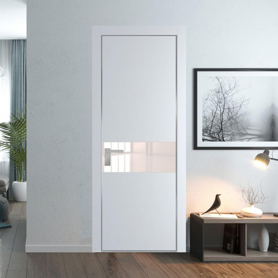 Межкомнатная дверь ProfilDoors 17 PE с вставкой из стекла перламутровый лак Вайт с алюминиевой кромкой Серебро