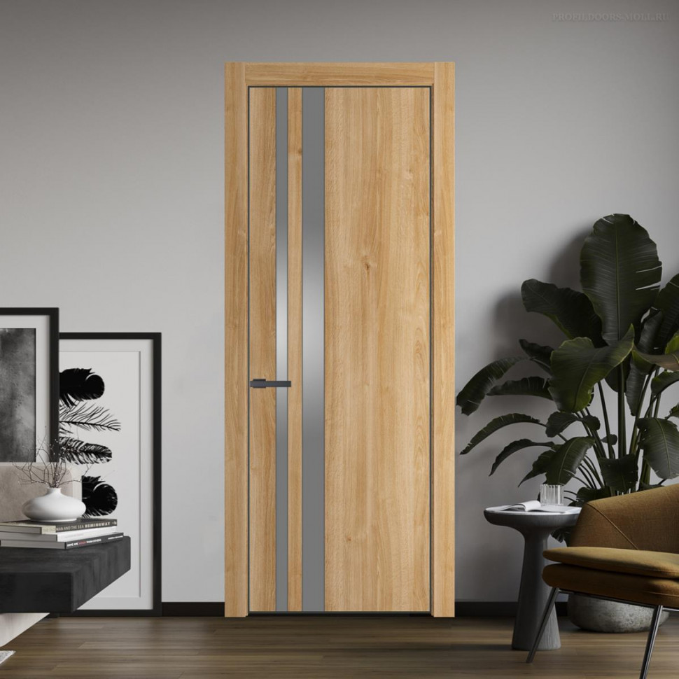 Межкомнатная дверь ProfilDoors 20NA Дуб Карамель профиль Серая Ночь вставка Lacobel Серебряный лак