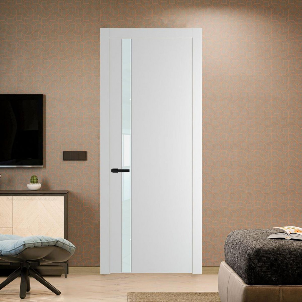 Межкомнатная дверь ProfilDoors 18 PW Крем Вайт Lacobel Белый лак молдинг Черный матовый