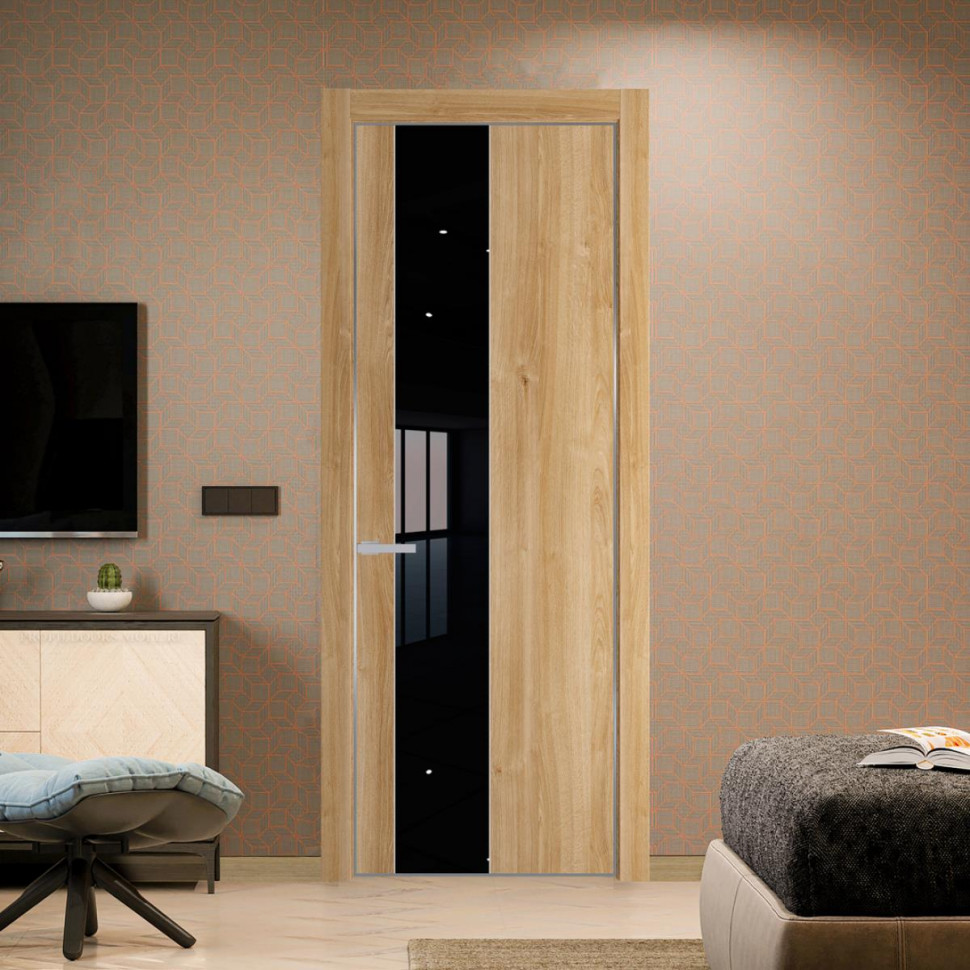 Межкомнатная дверь ProfilDoors 19NA Дуб Карамель профиль Серебро вставка Lacobel Черный лак