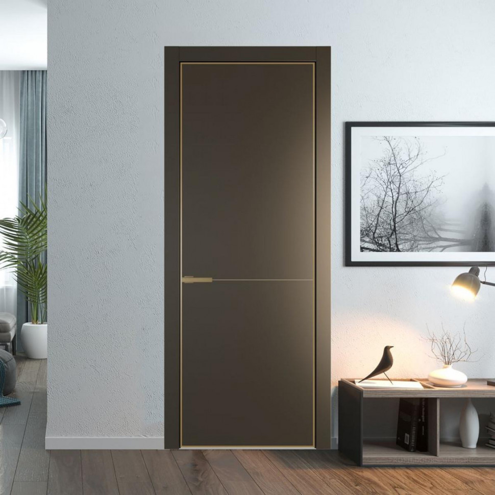 Межкомнатная дверь ProfilDoors 16 PE Перламутр бронза с алюминиевым молдингом Золото