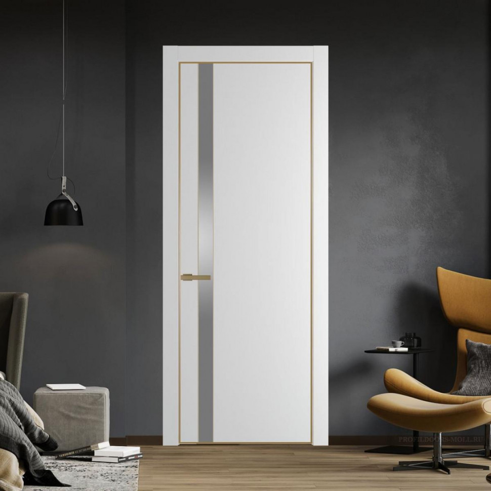 Межкомнатная дверь ProfilDoors 18 PE с вставкой из стекла серебро матлак Крем Вайт с алюминиевой кромкой Золото