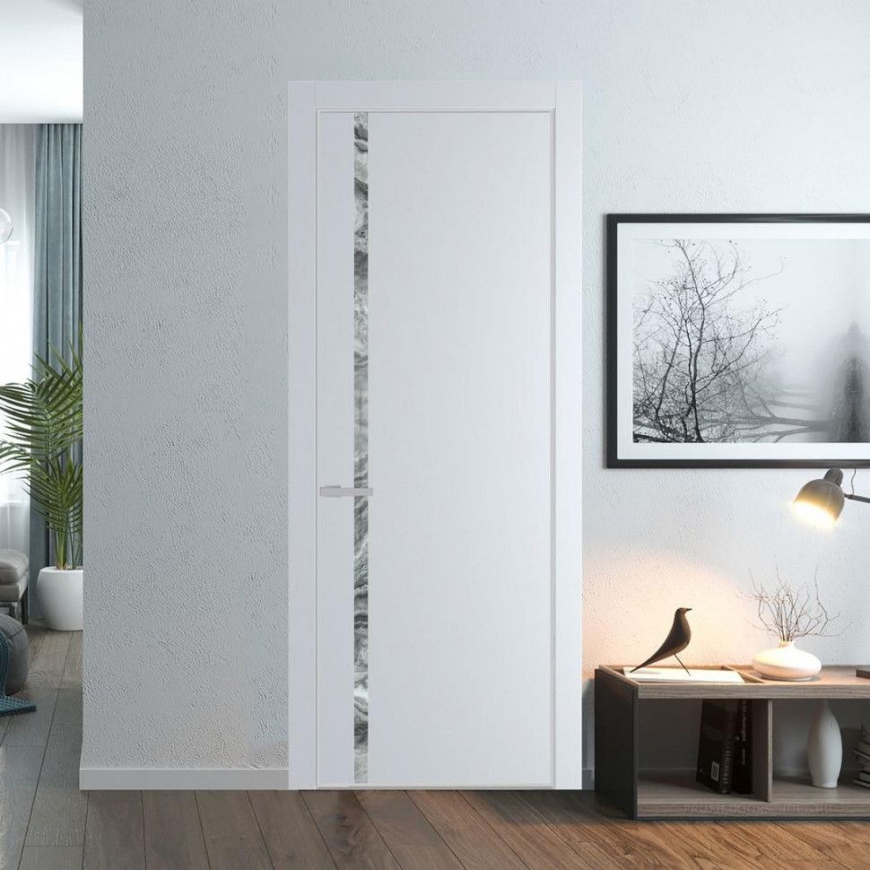 Межкомнатная дверь ProfilDoors 21 PE с вставкой из стекла атриум серебро Вайт с алюминиевой кромкой Матовая