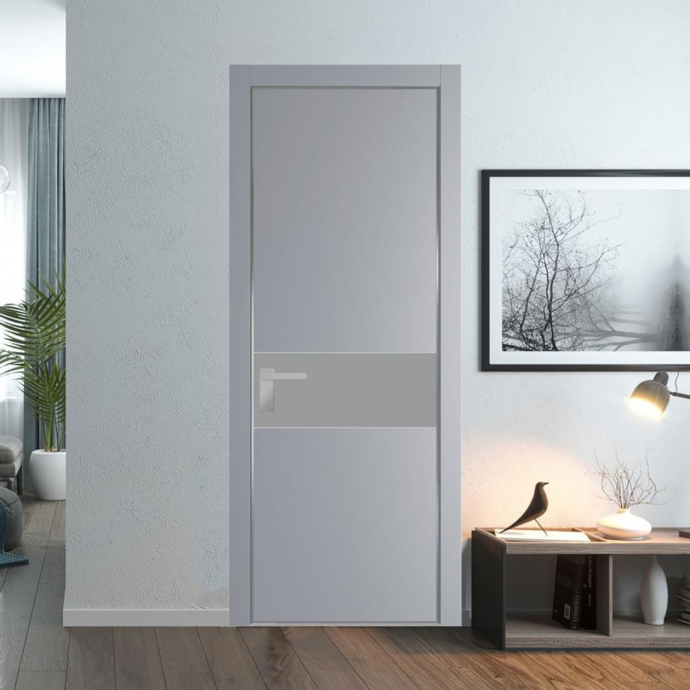 Межкомнатная дверь ProfilDoors 17 PE с вставкой из стекла монохром серый Смоки с алюминиевой кромкой Серебро