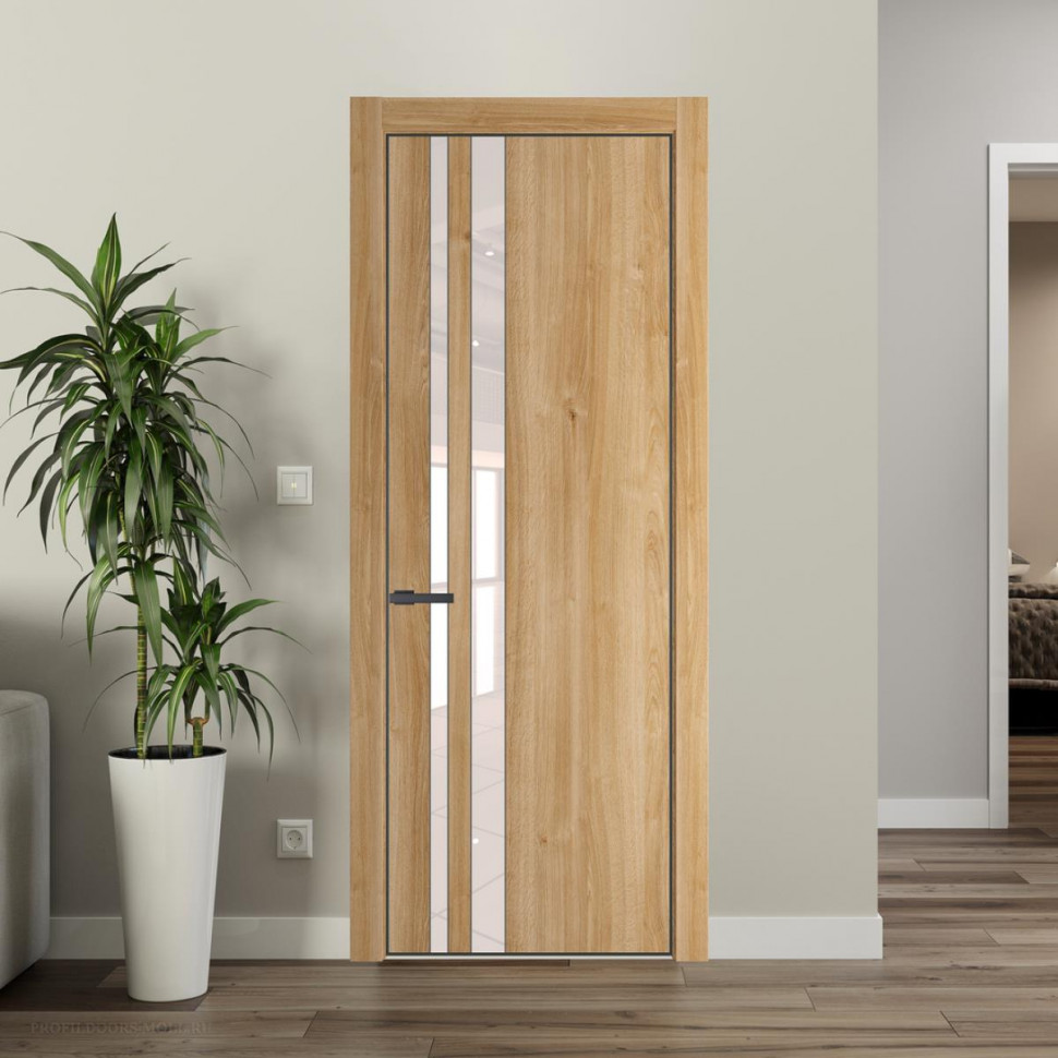 Межкомнатная дверь ProfilDoors 20NA Дуб Карамель профиль Серая Ночь вставка Lacobel Перламутровый лак