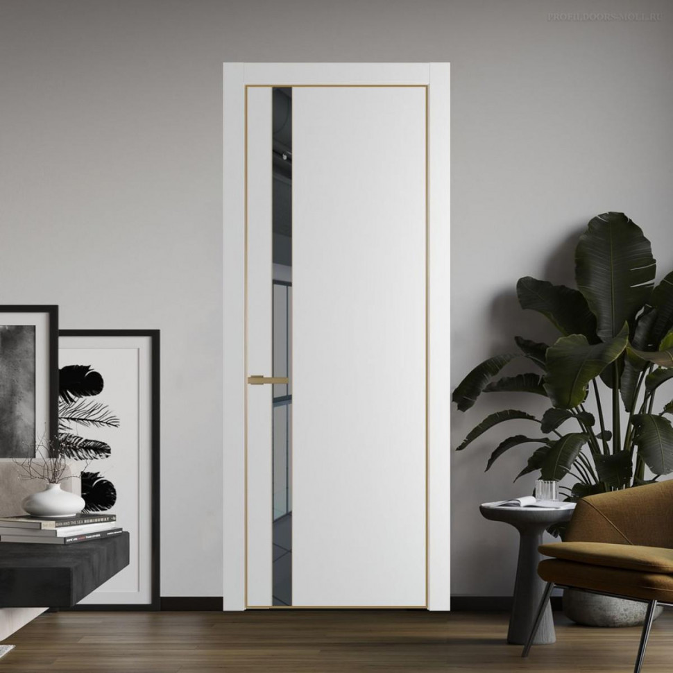 Межкомнатная дверь ProfilDoors 18 PE с вставкой из стекла зеркало grey Крем Вайт с алюминиевой кромкой Золото