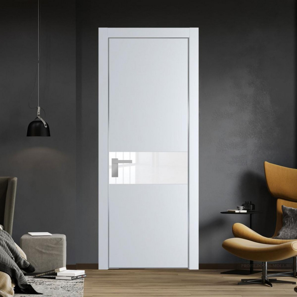 Межкомнатная дверь ProfilDoors 17 PE с вставкой из стекла лак классик Вайт с алюминиевой кромкой Серебро