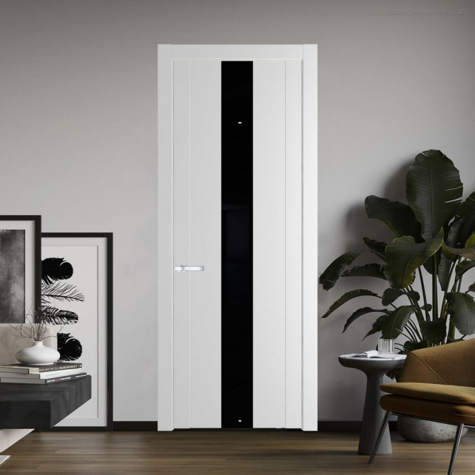 Межкомнатная дверь ProfilDoors 1.9P Крем Вайт Lacobel Черный лак молдинг Серебро