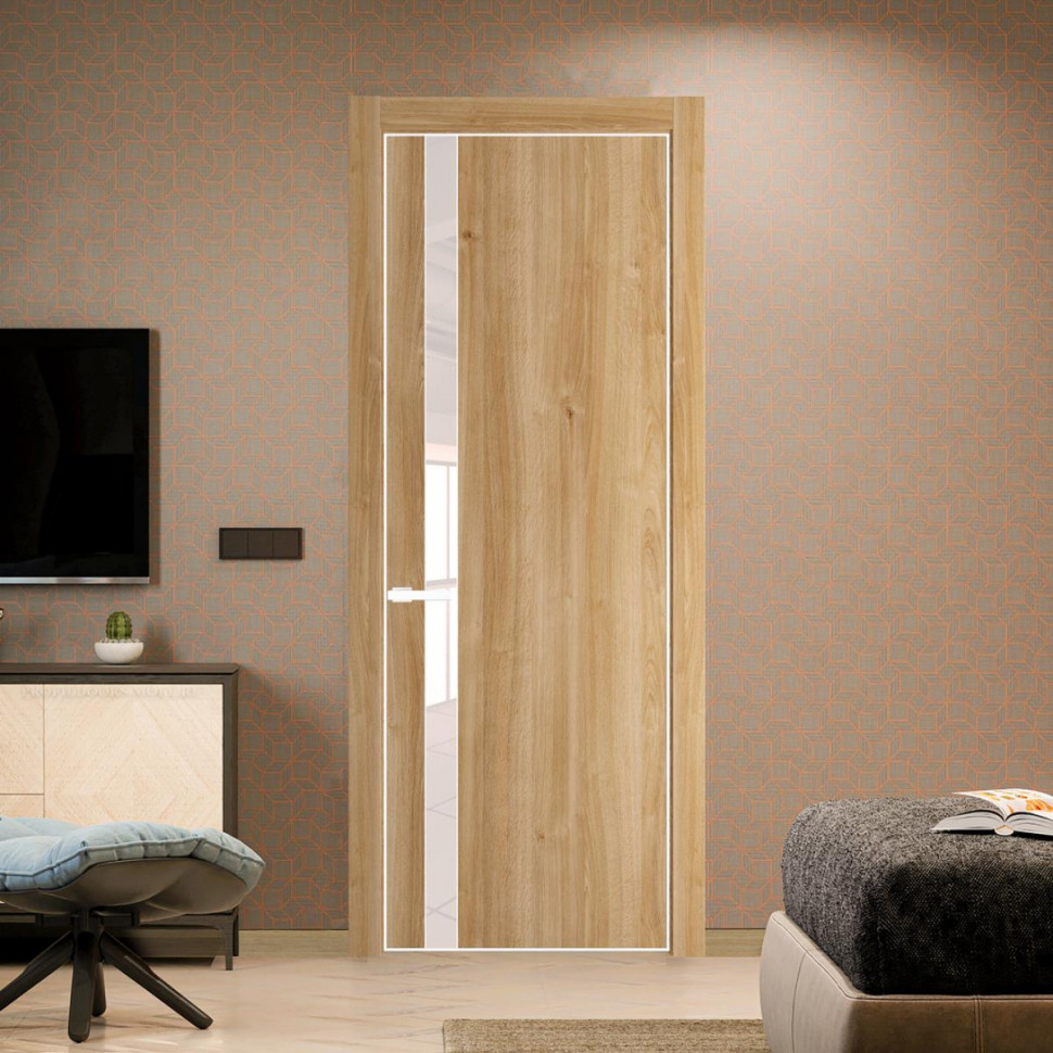 Межкомнатная дверь ProfilDoors 18NA Дуб Карамель профиль Вайт вставка Lacobel Перламутровый лак