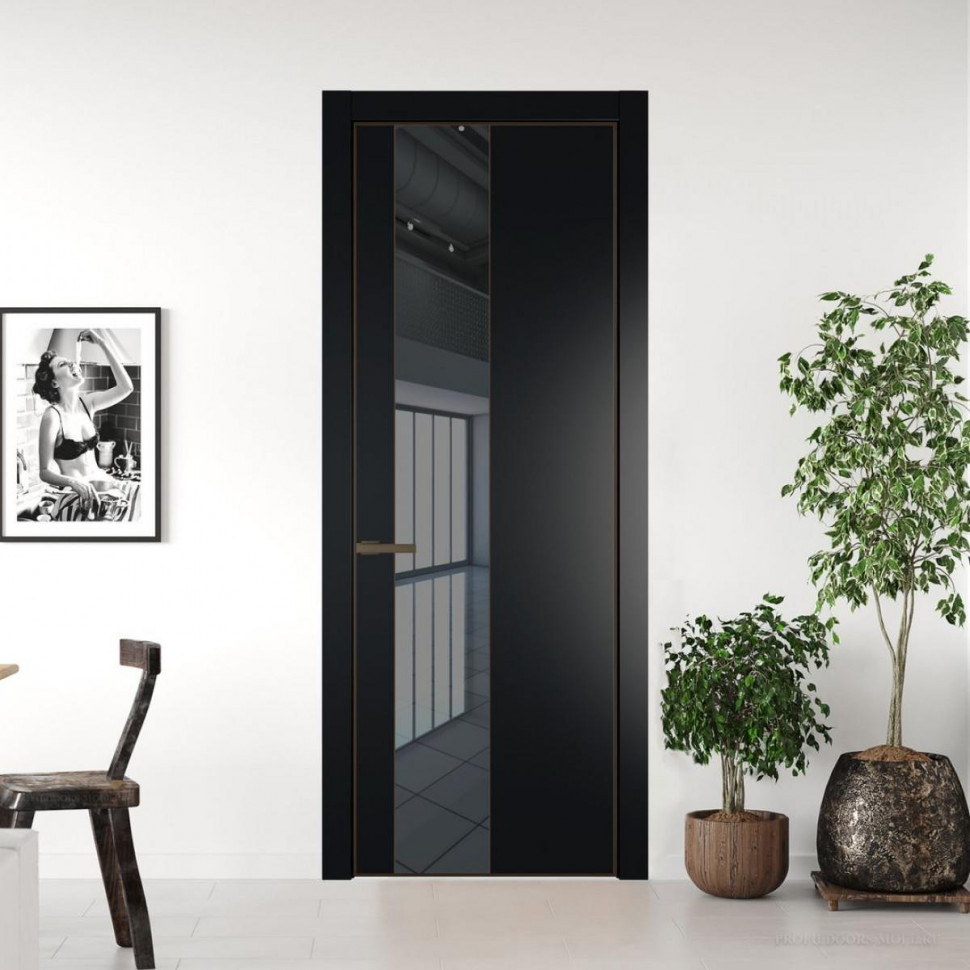 Межкомнатная дверь ProfilDoors 19 PE с вставкой из стекла зеркало grey Блэк с алюминиевой кромкой Деорэ