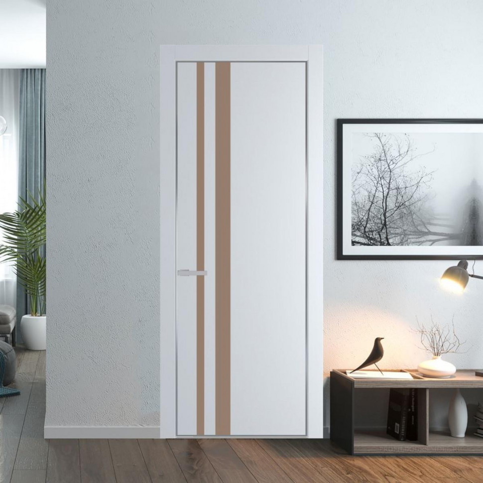 Межкомнатная дверь ProfilDoors 20 PE с вставкой из стекла монохром капучино Вайт с алюминиевой кромкой Серебро