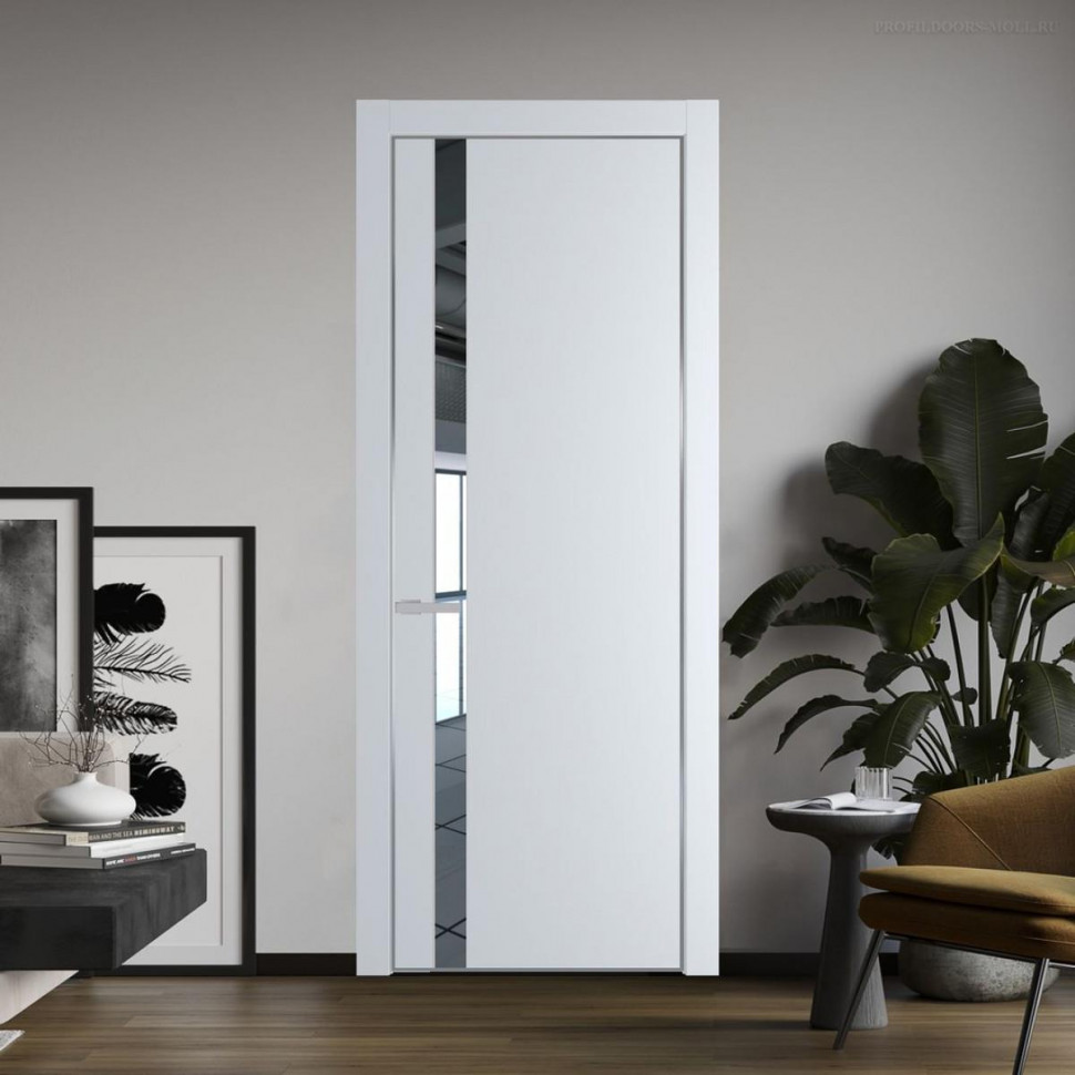 Межкомнатная дверь ProfilDoors 18 PA Вайт с профилем Серебро с стеклом  зеркало