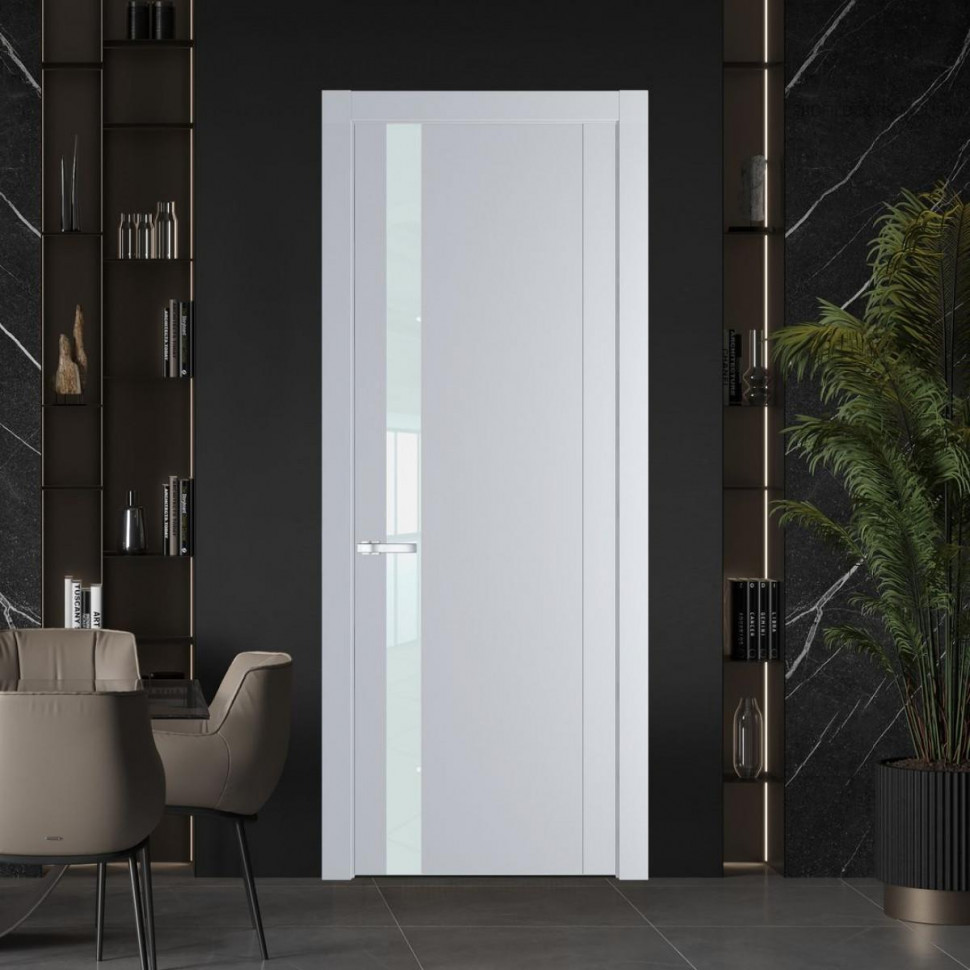 Межкомнатная дверь ProfilDoors 1.2P Лайт Грей Lacobel Белый лак молдинг Серебро