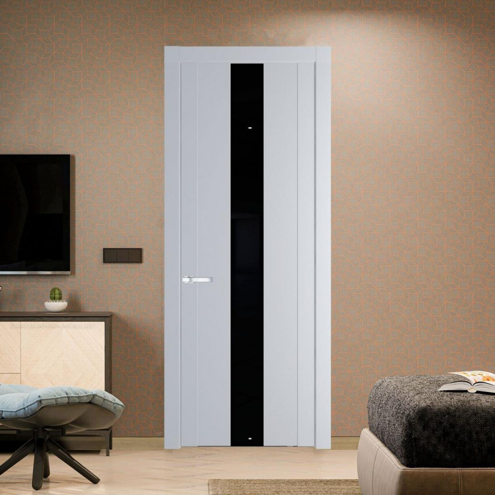 Межкомнатная дверь ProfilDoors 1.9P Лайт Грей Lacobel Черный лак молдинг Серебро