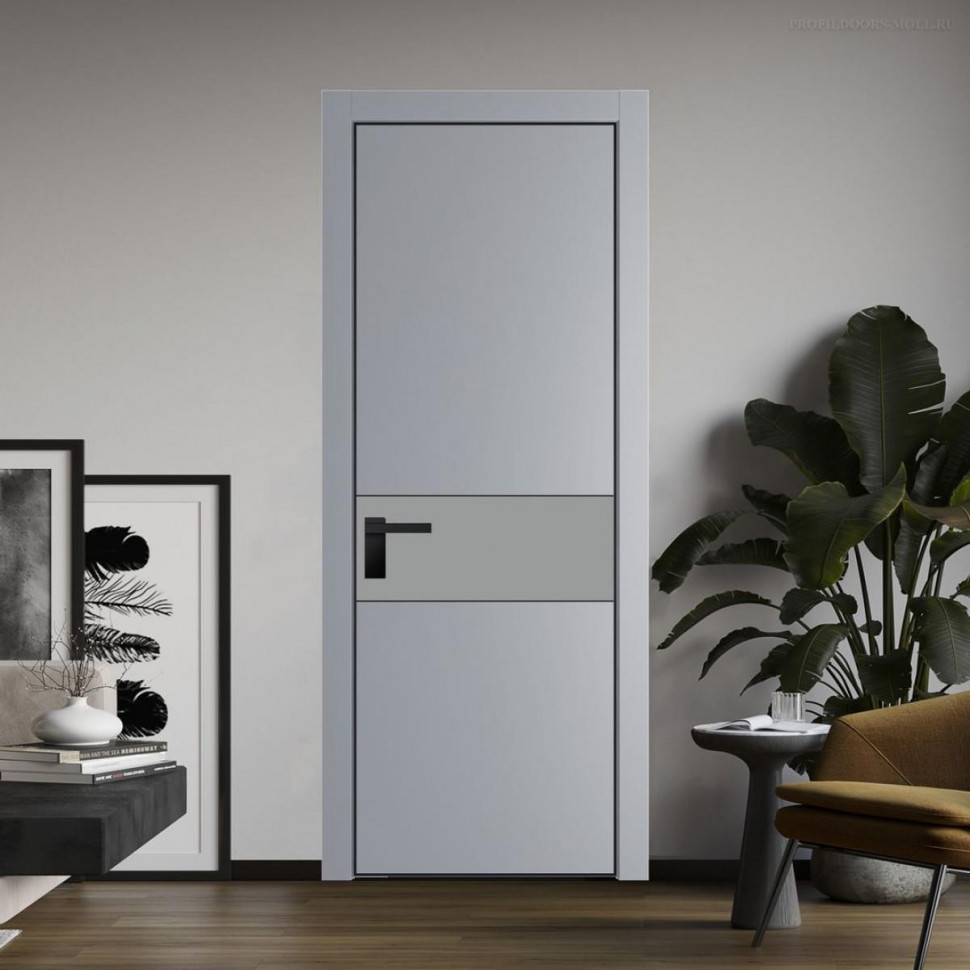 Межкомнатная дверь ProfilDoors 17 PE с вставкой из стекла монохром серый Смоки с алюминиевой кромкой Черный