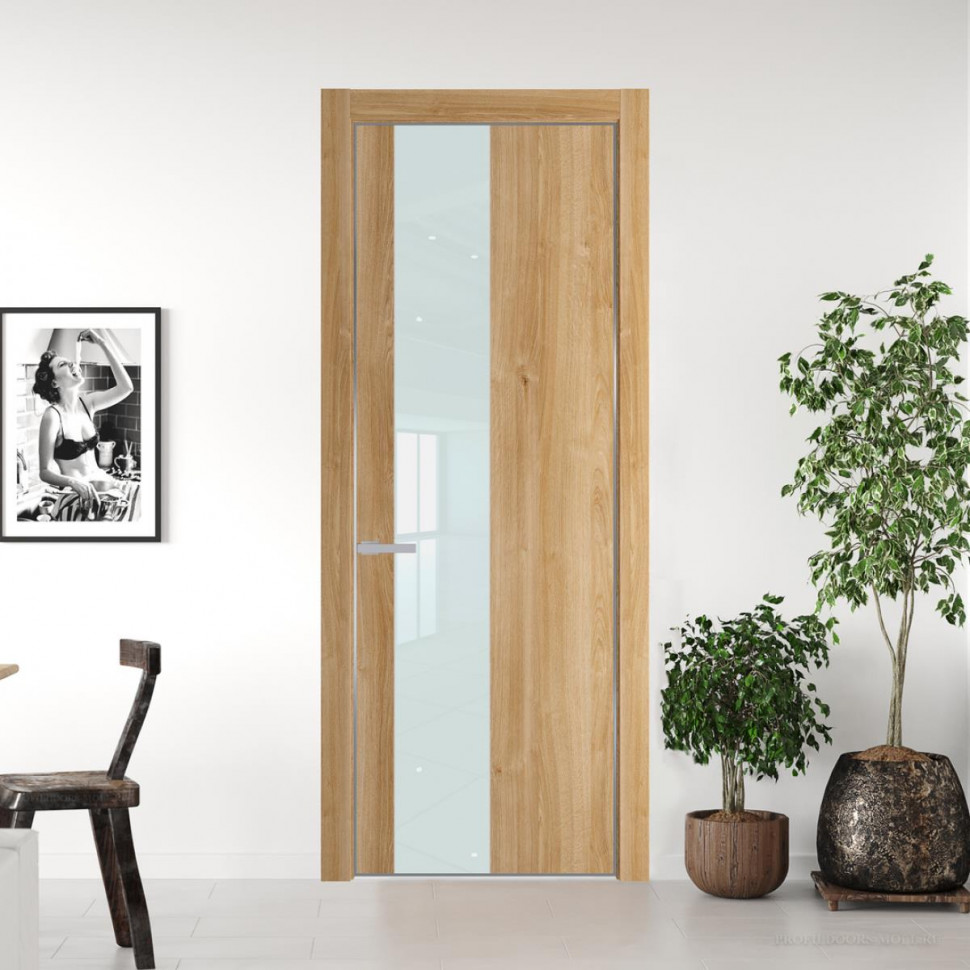 Межкомнатная дверь ProfilDoors 19NA Дуб Карамель профиль Серебро вставка Lacobel Белый лак