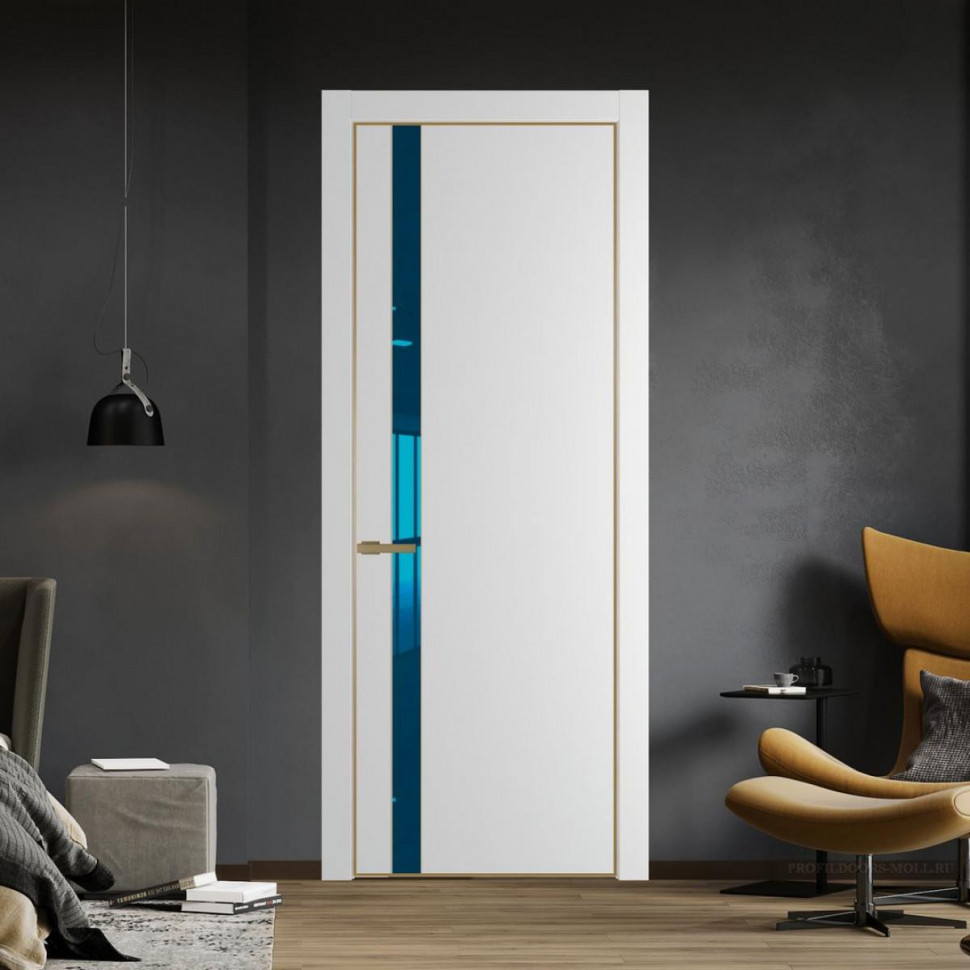 Межкомнатная дверь ProfilDoors 18 PE с вставкой из стекла зеркало blue Крем Вайт с алюминиевой кромкой Золото