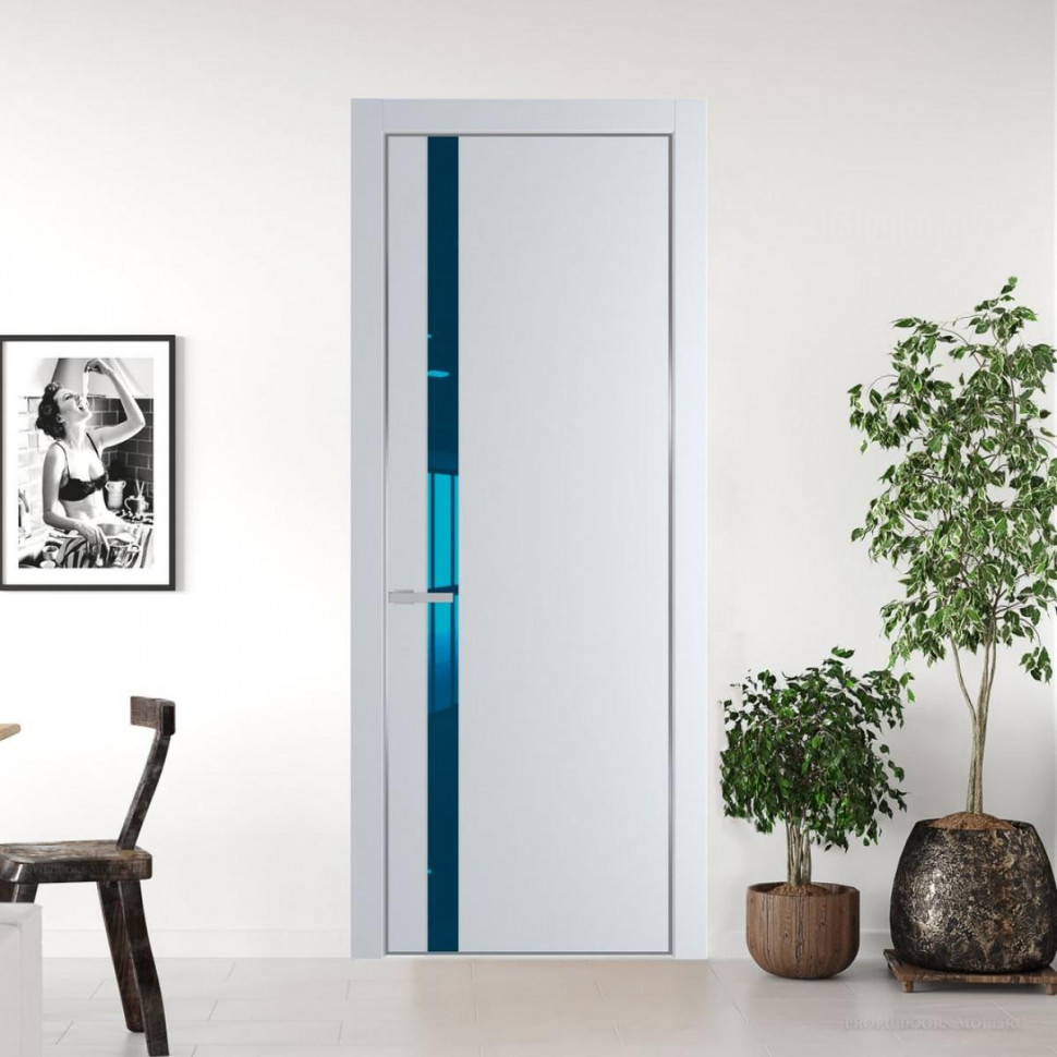 Межкомнатная дверь ProfilDoors 18 PA Вайт с профилем Серебро с стеклом  зеркало blue
