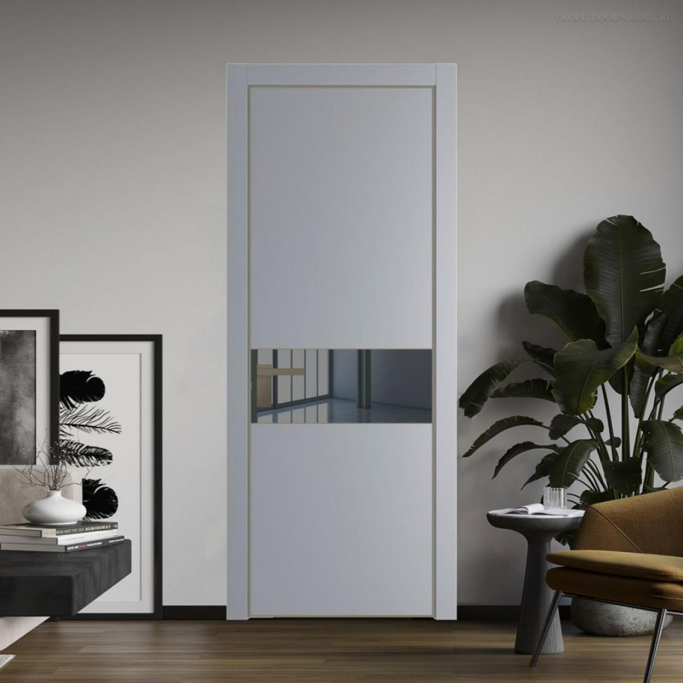 Межкомнатная дверь ProfilDoors 17 PE с вставкой из стекла зеркало grey Смоки с алюминиевой кромкой Шампань