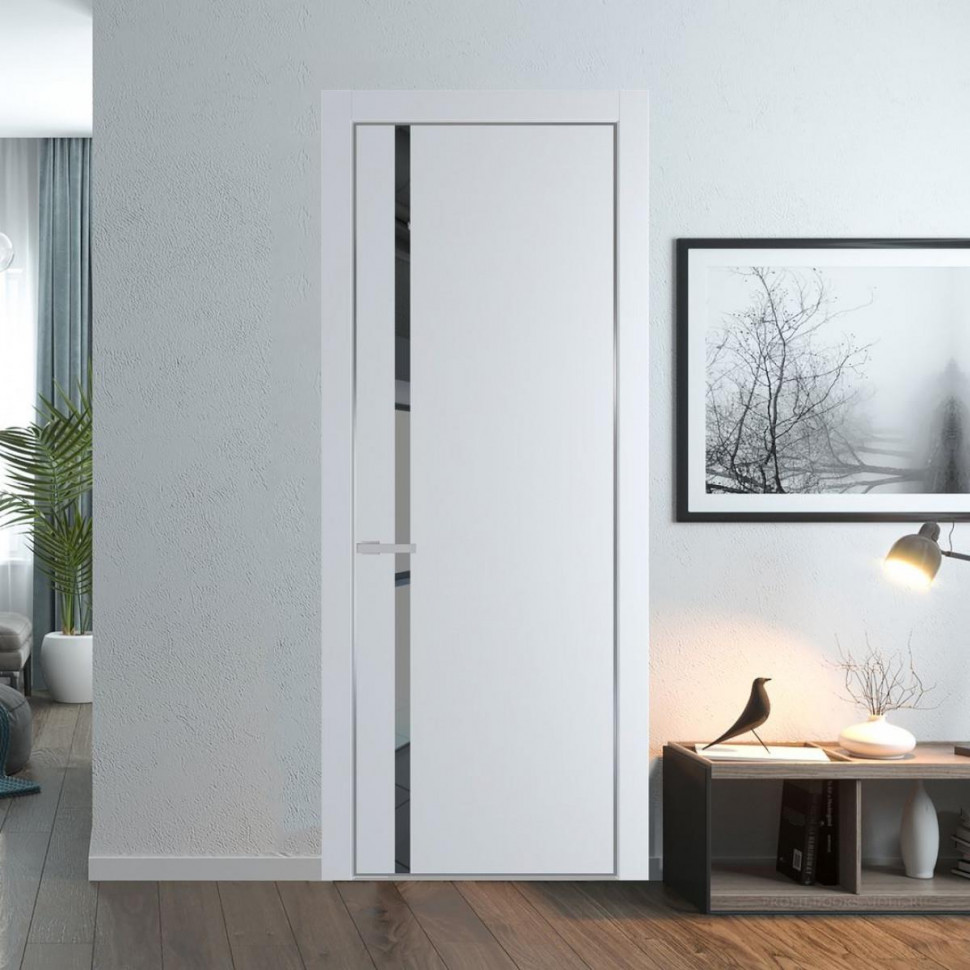 Межкомнатная дверь ProfilDoors 21 PE с вставкой из стекла зеркало grey Вайт с алюминиевой кромкой Серебро