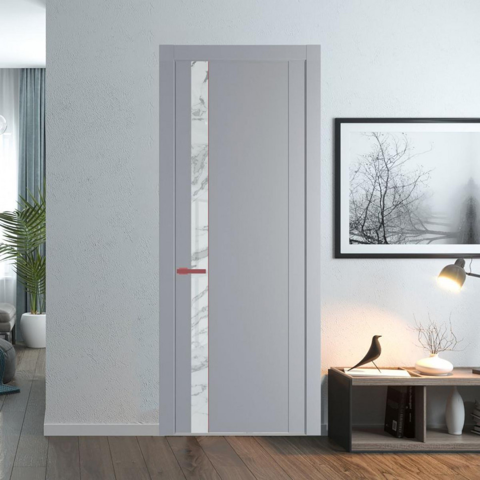 Межкомнатная дверь ProfilDoors 1.2P Смоки Нефи белый узор серебро молдинг Красный антрацит