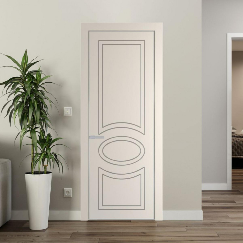 Межкомнатная дверь ProfilDoors 36 PE с фрезерованным рисунком Кремовая Магнолия с алюминиевой кромкой Серебро